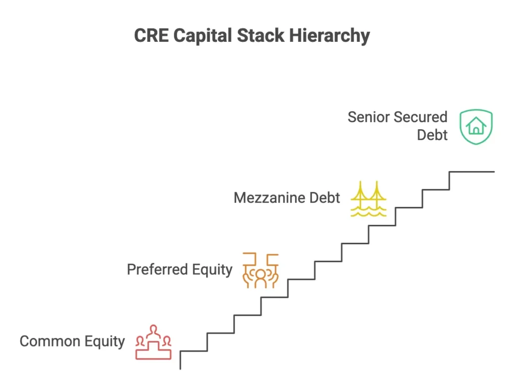 CRE capital stack hierarchy showing senior secured debt, mezzanine, preferred equity and common equity