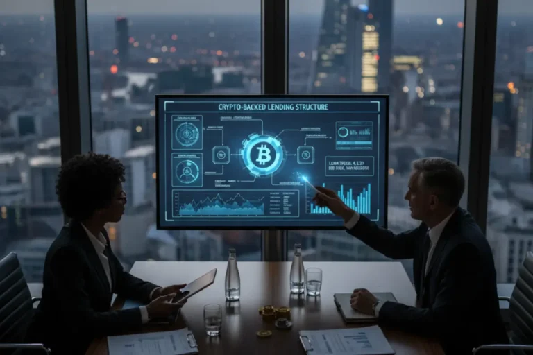 Institutional crypto-backed lending structure showing Bitcoin collateral, loan-to-value monitoring and structured financing in a private banking environment