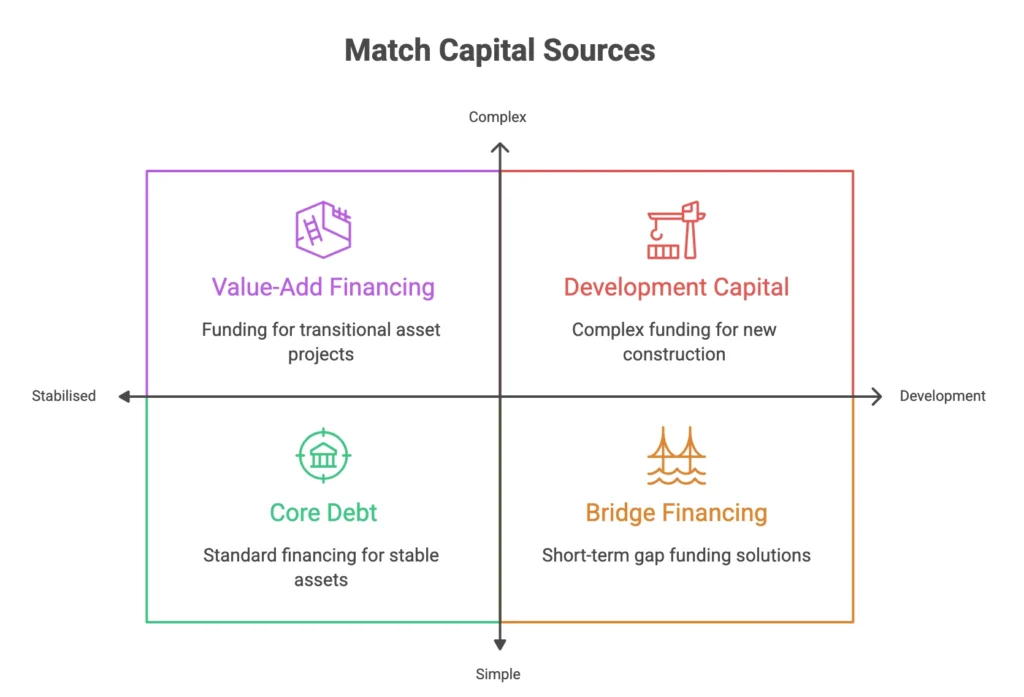 CRE financing guide: matrix matching capital sources to stabilised and development transactions