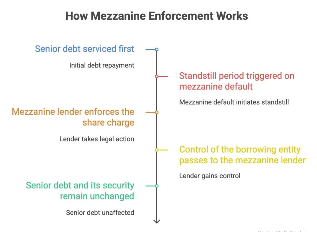 Timeline diagram of the mezzanine enforcement sequence following a senior default