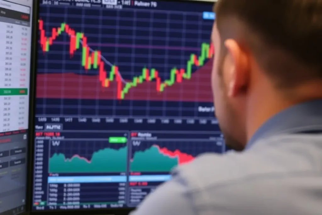 A person is looking at a computer screen filled with stock market graphs and alerts.