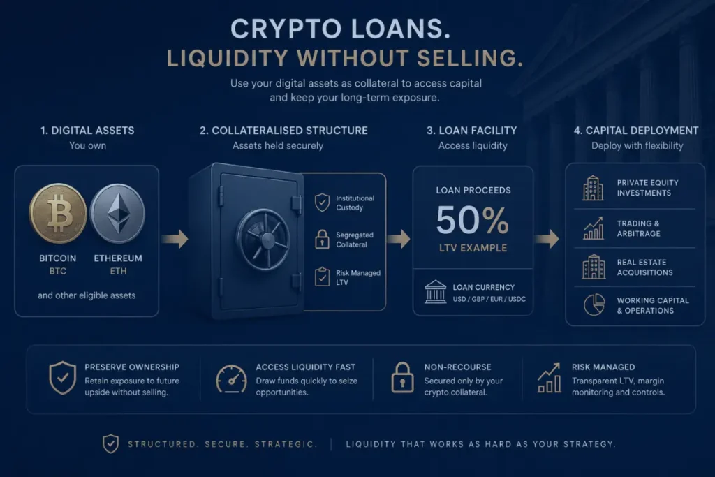 crypto backed loan structure showing bitcoin and ethereum used as collateral to access liquidity

