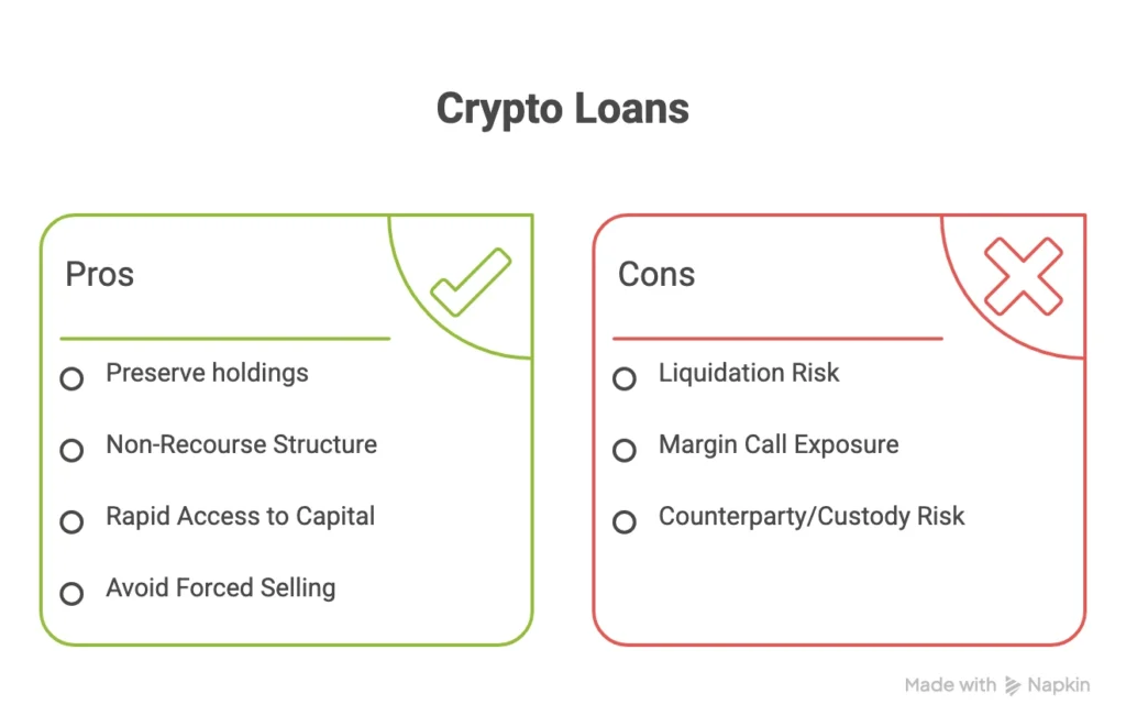 crypto loans pros and cons showing benefits and risks of crypto backed lending
