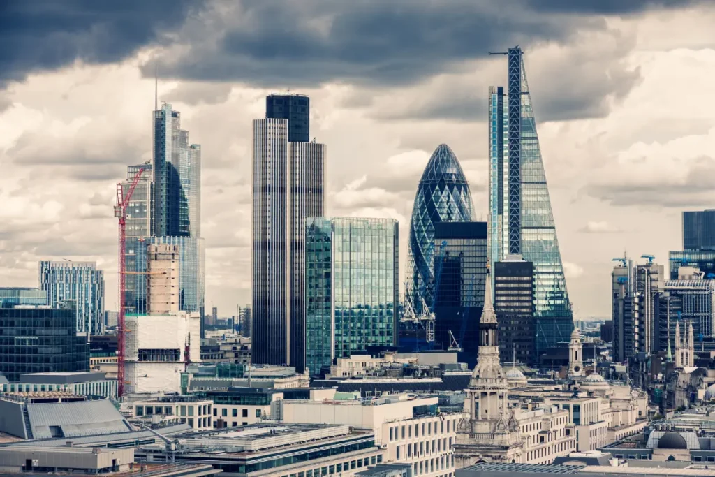 City of London skyline including 30 St Mary Axe, the Leadenhall Building, and the Square Mile financial district