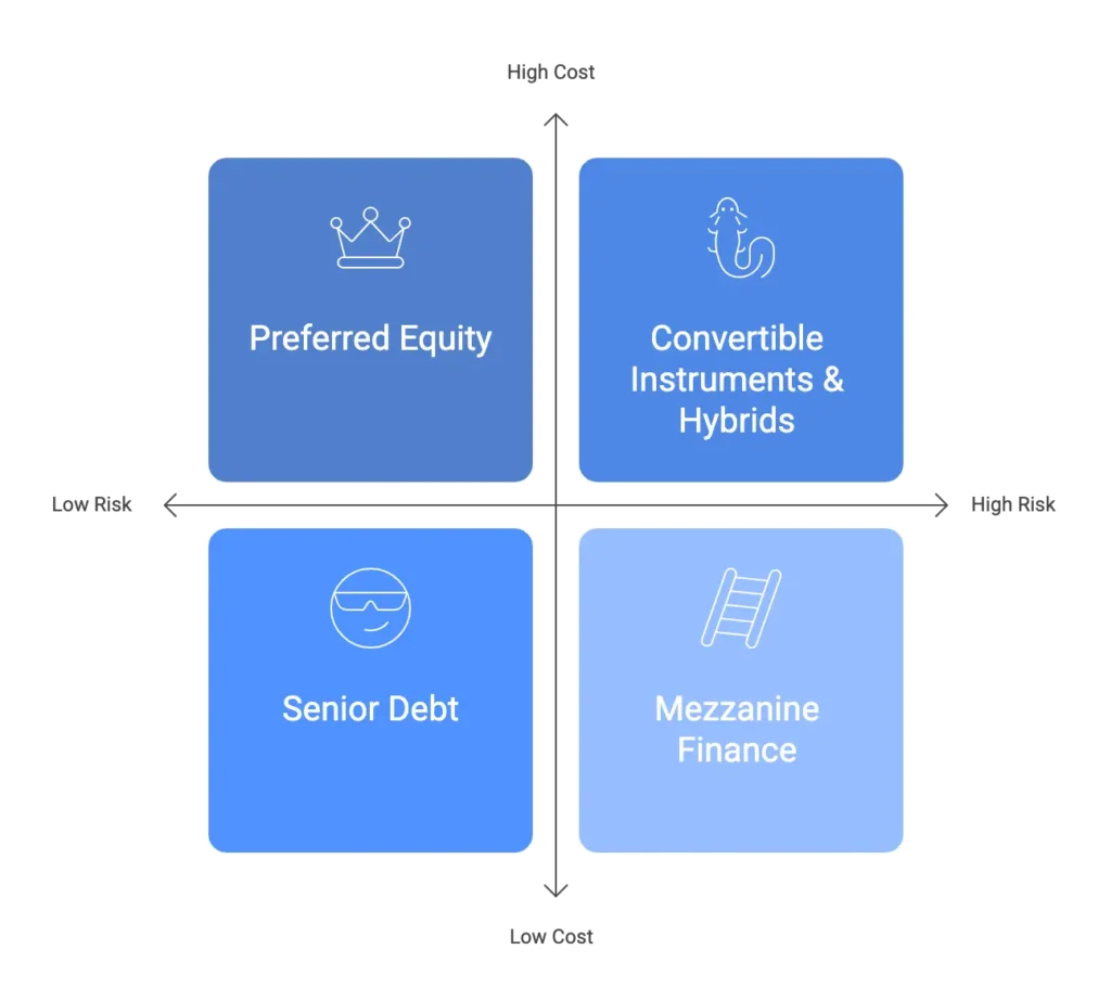 Structured finance capital stack showing senior debt, mezzanine debt, preferred equity and common equity by risk and cost