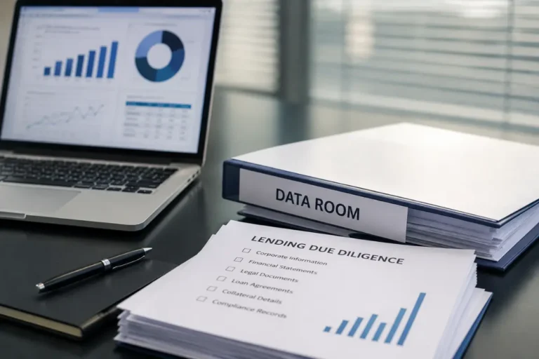 Data room for lending folder structure showing corporate, financials, collateral, legal and technical sections