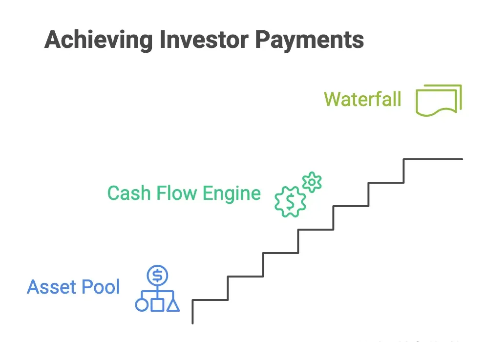 Structured finance modelling flow from asset pool through cash flow engine to waterfall and investor payments