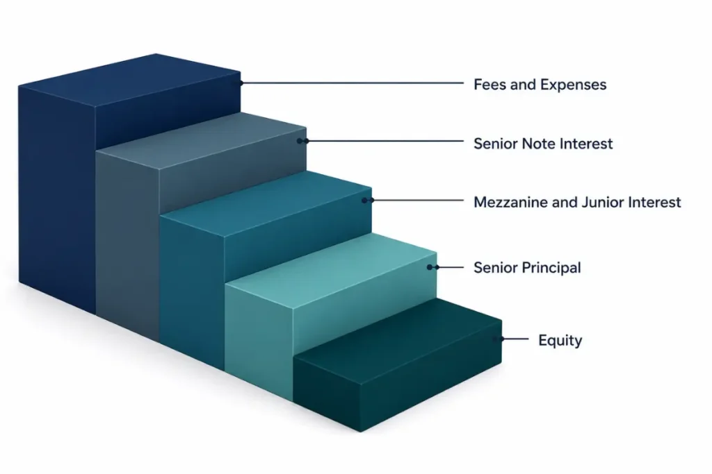 Structured finance modelling waterfall showing fees, senior note interest, mezzanine interest, senior principal and equity