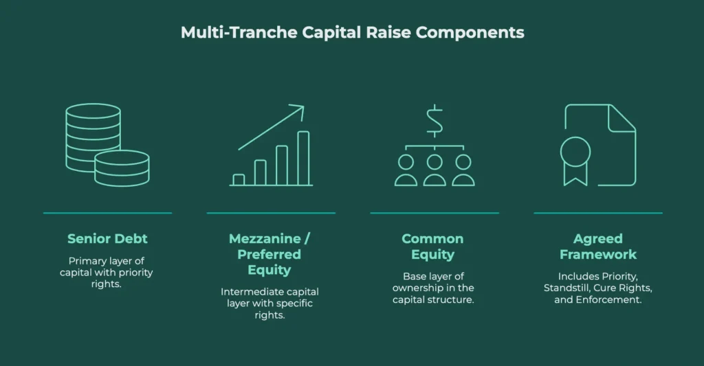 Chart showing senior debt, mezzanine, preferred equity and common equity under one agreed capital stack structuring framework