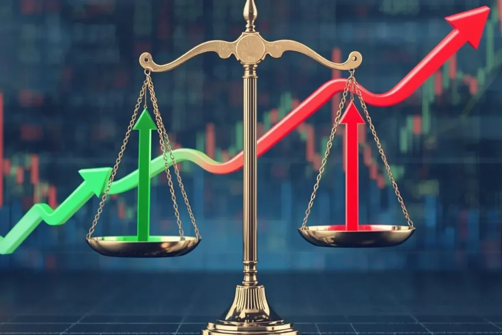 Portfolio drift illustrated by a balance scale with rising and falling asset values showing imbalance in allocation