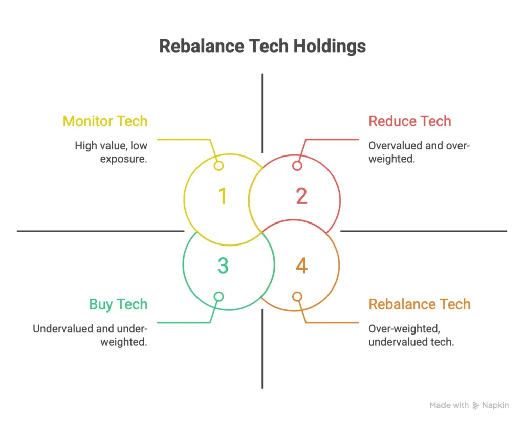 portfolio drift rebalancing diagram showing overweight and underweight tech positions with allocation decisions