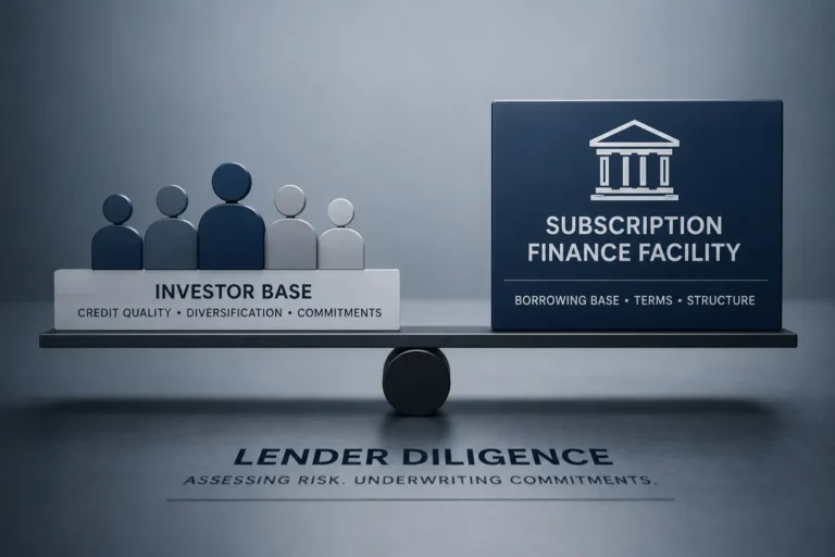 Balance scale comparing investor base quality against a subscription finance facility, representing lender diligence