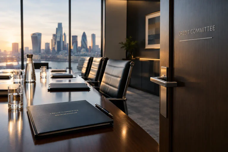 Boardroom door marked Credit Committee at dusk, illustrating refinancing risk when timing rather than credit quality decides the outcome