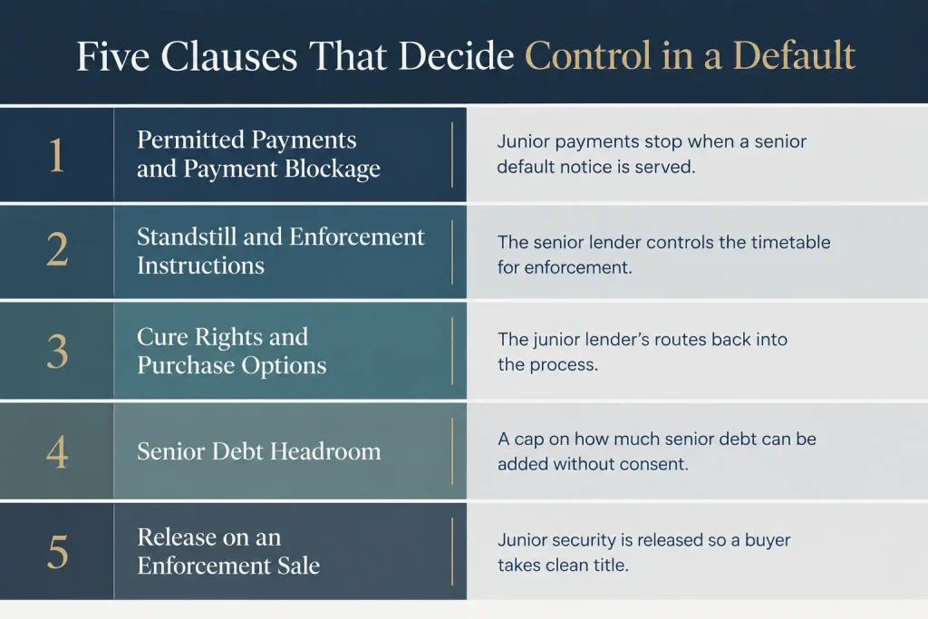 Intercreditor agreement chart showing five clauses: payment blockage, standstill, cure rights, senior debt headroom and release on enforcement sale