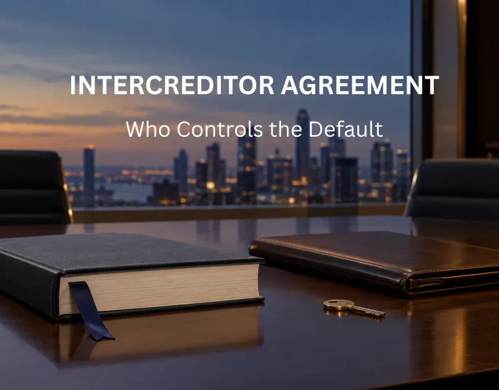 Intercreditor agreement, a bound legal document and brass key on a boardroom table