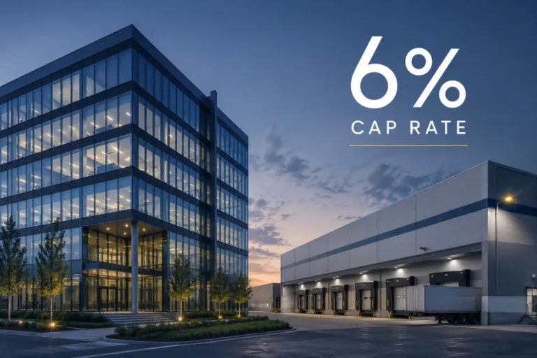 Cap rate in commercial real estate represented by buildings with a 6 percent cap rate overlay