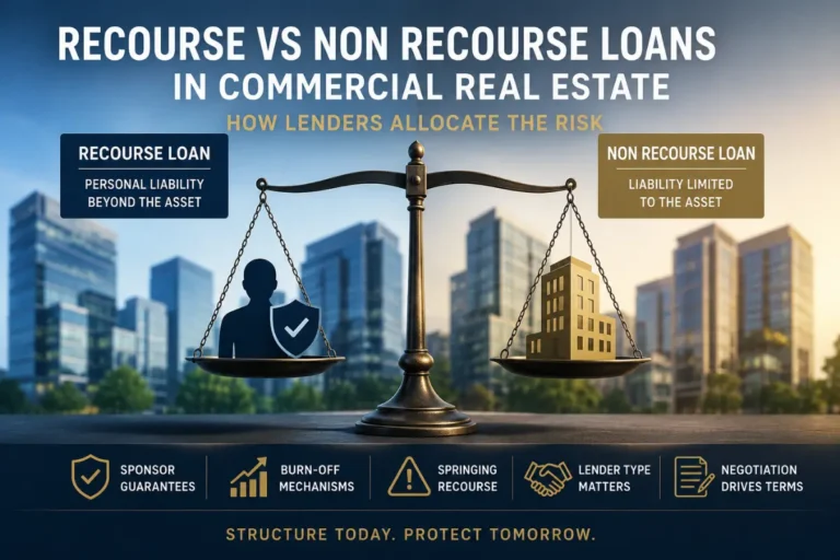 Recourse vs non recourse loans in commercial real estate shown as scales balancing sponsor and property