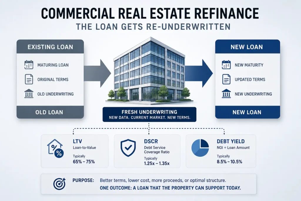 Diagram showing a commercial real estate refinance, an existing loan replaced by a new loan through fresh underwriting of LTV, DSCR and debt yield