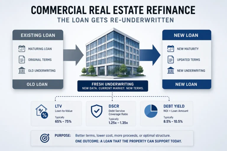Diagram showing a commercial real estate refinance, an existing loan replaced by a new loan through fresh underwriting of LTV, DSCR and debt yield