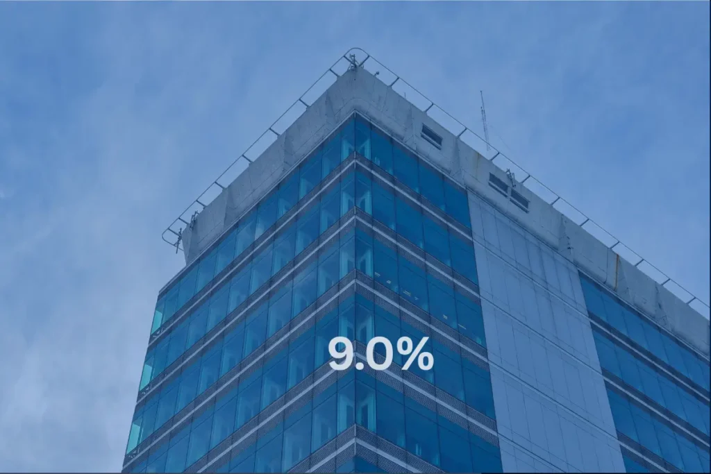 Commercial office tower illustrating a 9.0 percent debt yield in commercial real estate