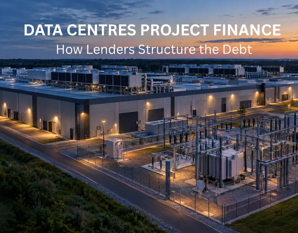 Data centres project finance, data centre campus with on-site substation at dusk