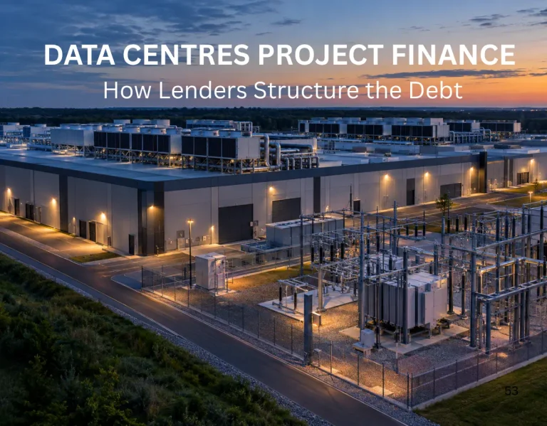 Data centres project finance, data centre campus with on-site substation at dusk
