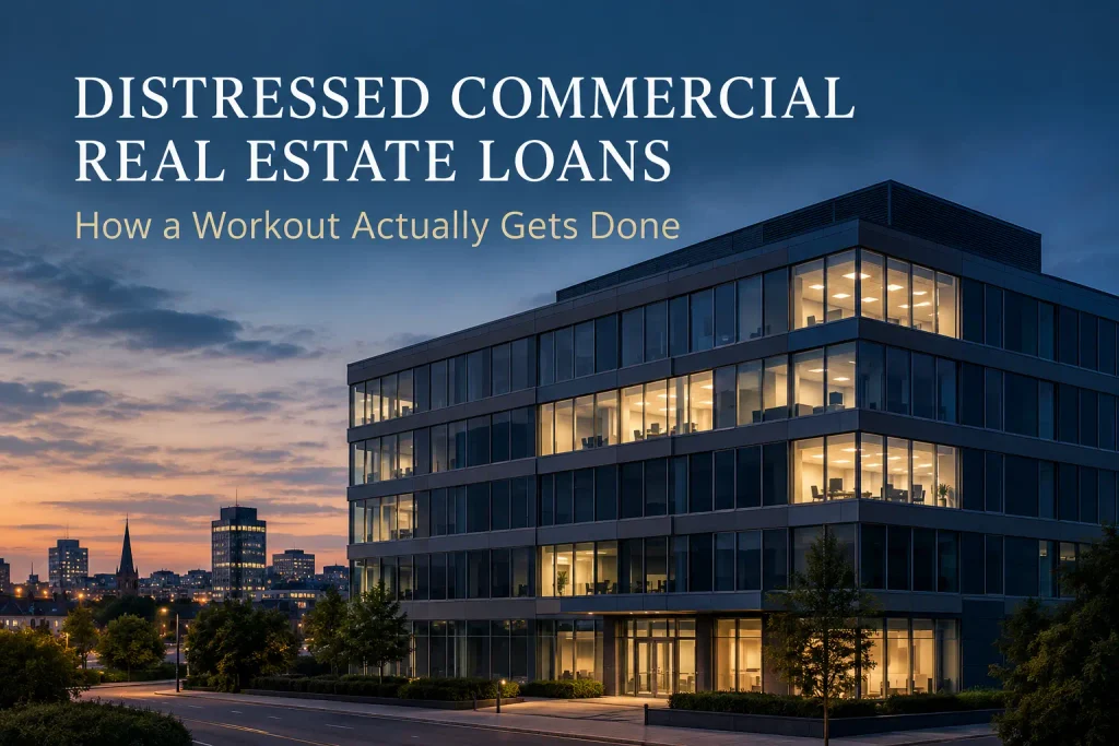 Distressed commercial real estate loans workout, regional UK office building at dusk
