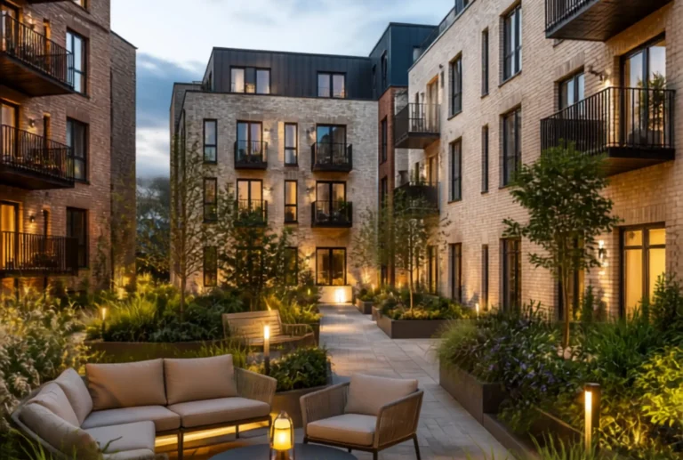 Landscaped courtyard at a UK build to rent scheme financed through value add financing in commercial real estate