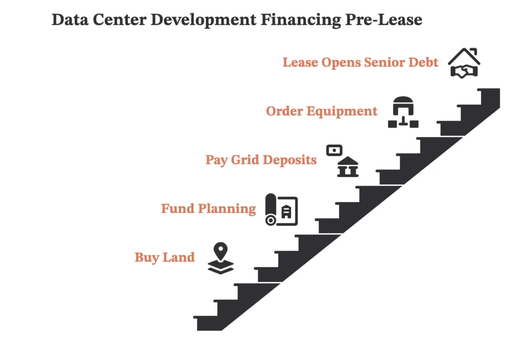 Flow showing four costs paid before a lease, land, planning and design, grid deposits and long lead equipment, followed by lease signing which opens senior debt